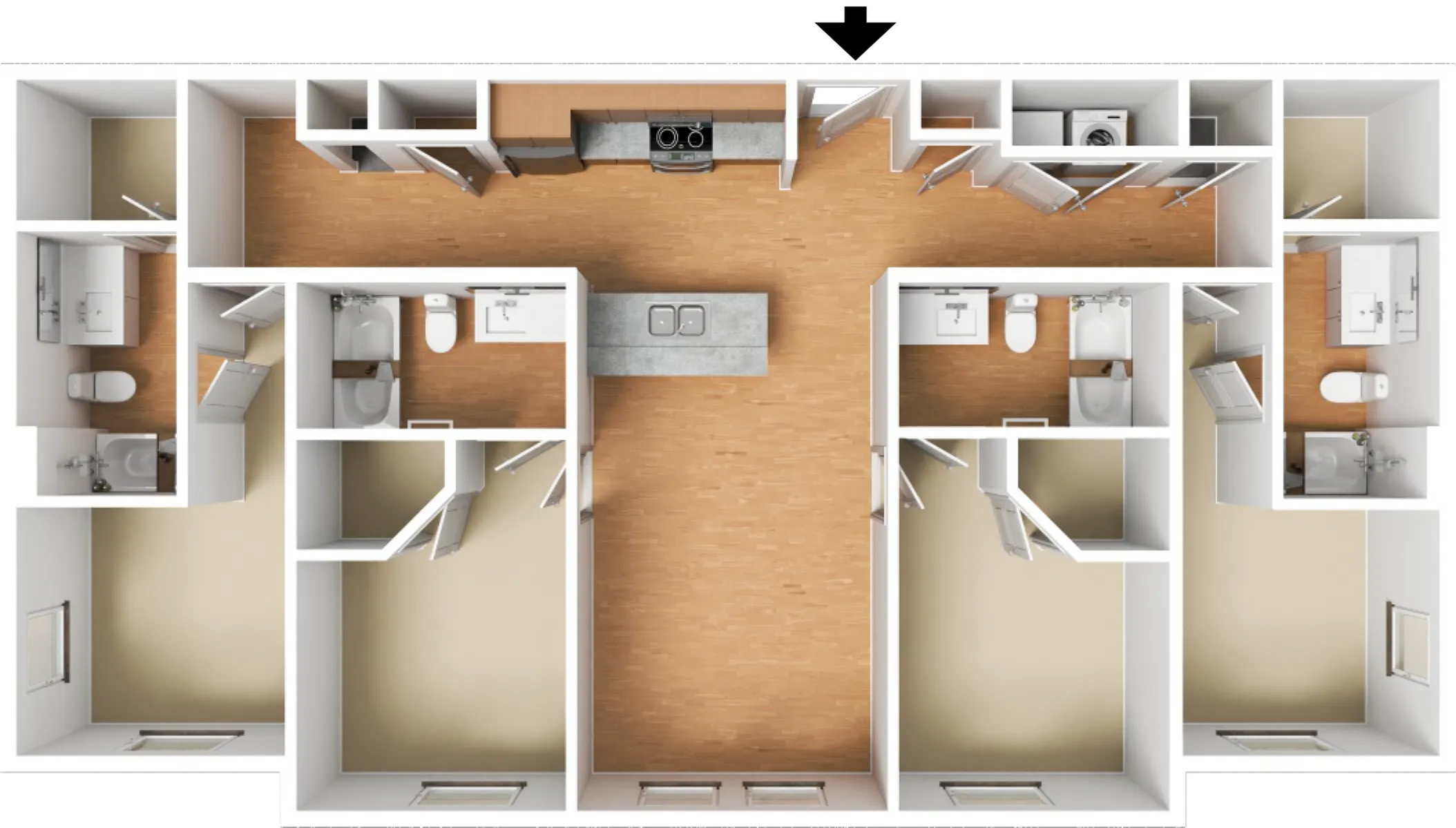 Modern 3D floor plan showcasing a dual unit layout with symmetrical design, featuring two bedrooms, two bathrooms, a spacious central kitchen island, and ample living space on both sides.