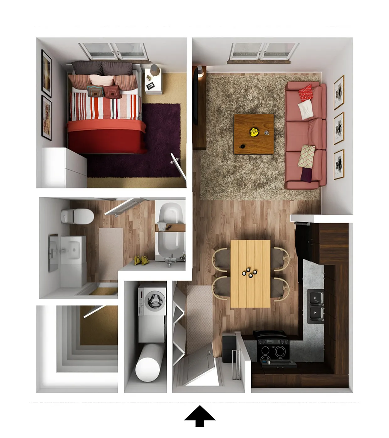 Modern 1-bedroom apartment floor plan with cozy living room, stylish kitchen, and neatly designed bathroom.