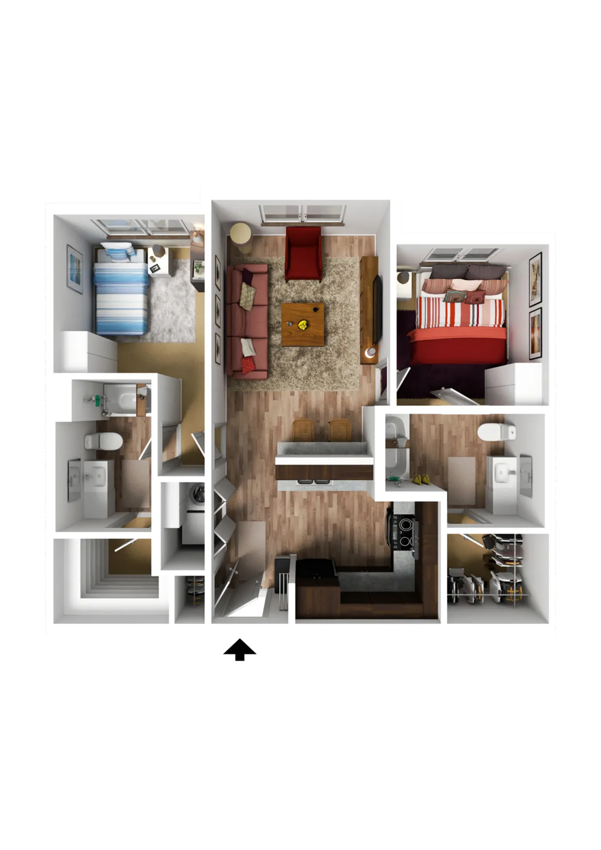Modern 3D floor plan showcasing two cozy bedrooms, an inviting living room, a sleek kitchen with a breakfast bar, and two bathrooms, ideal for contemporary living.