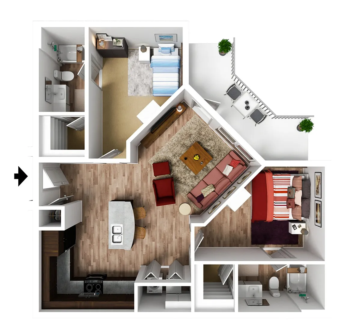 Modern 2D apartment floor plan with two bedrooms, cozy living room, chic kitchen, and an inviting balcony.