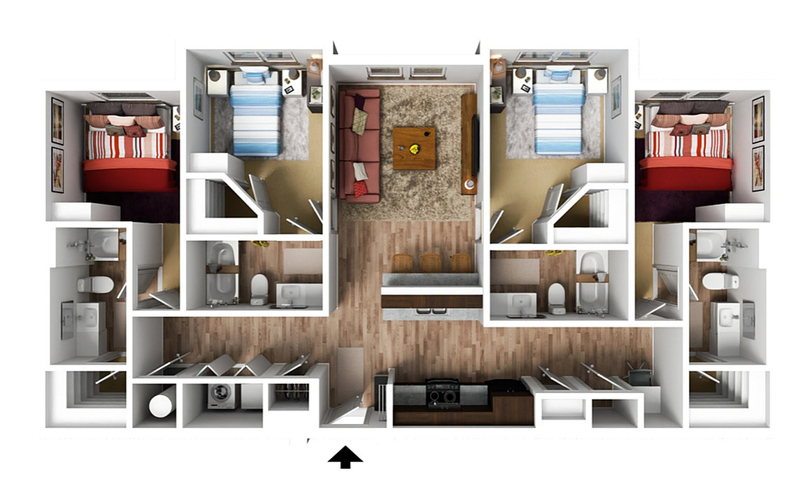 Elegant 3D floor plan showcasing 4 bedrooms, 2 bathrooms, a modern kitchen, and a spacious living area with stylish decor.