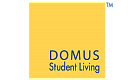 Dynamic logo of DOMUS Student Living with a vibrant yellow background for modern student accommodations.