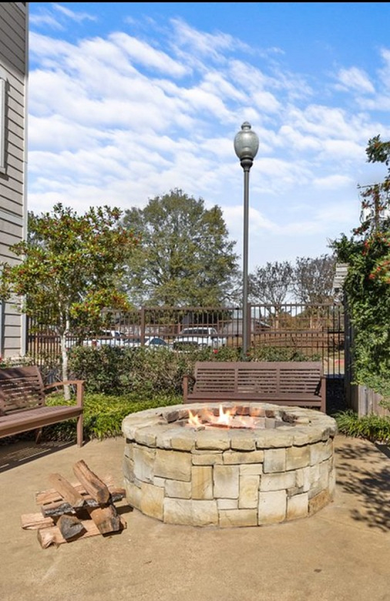 Charming outdoor gathering area with a cozy fire pit, wooden benches, and lush greenery, perfect for relaxing evenings.