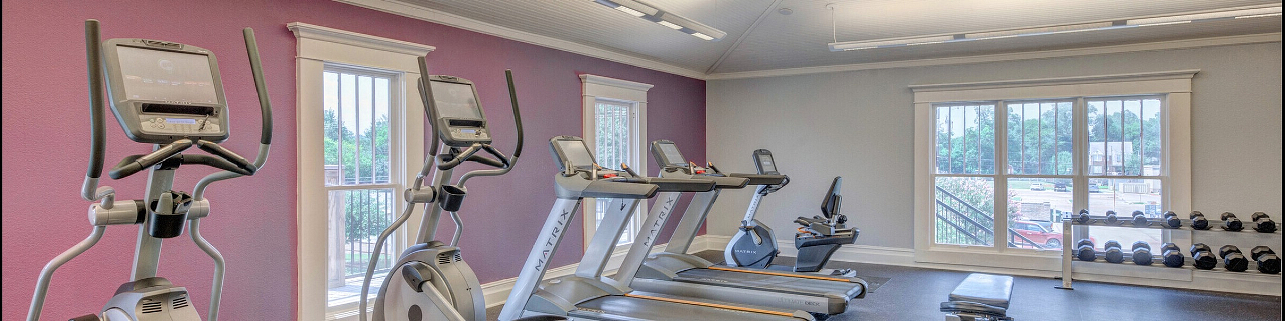 Inviting apartment gym with modern cardio equipment, free weights, and ample natural light for a refreshing workout experience.