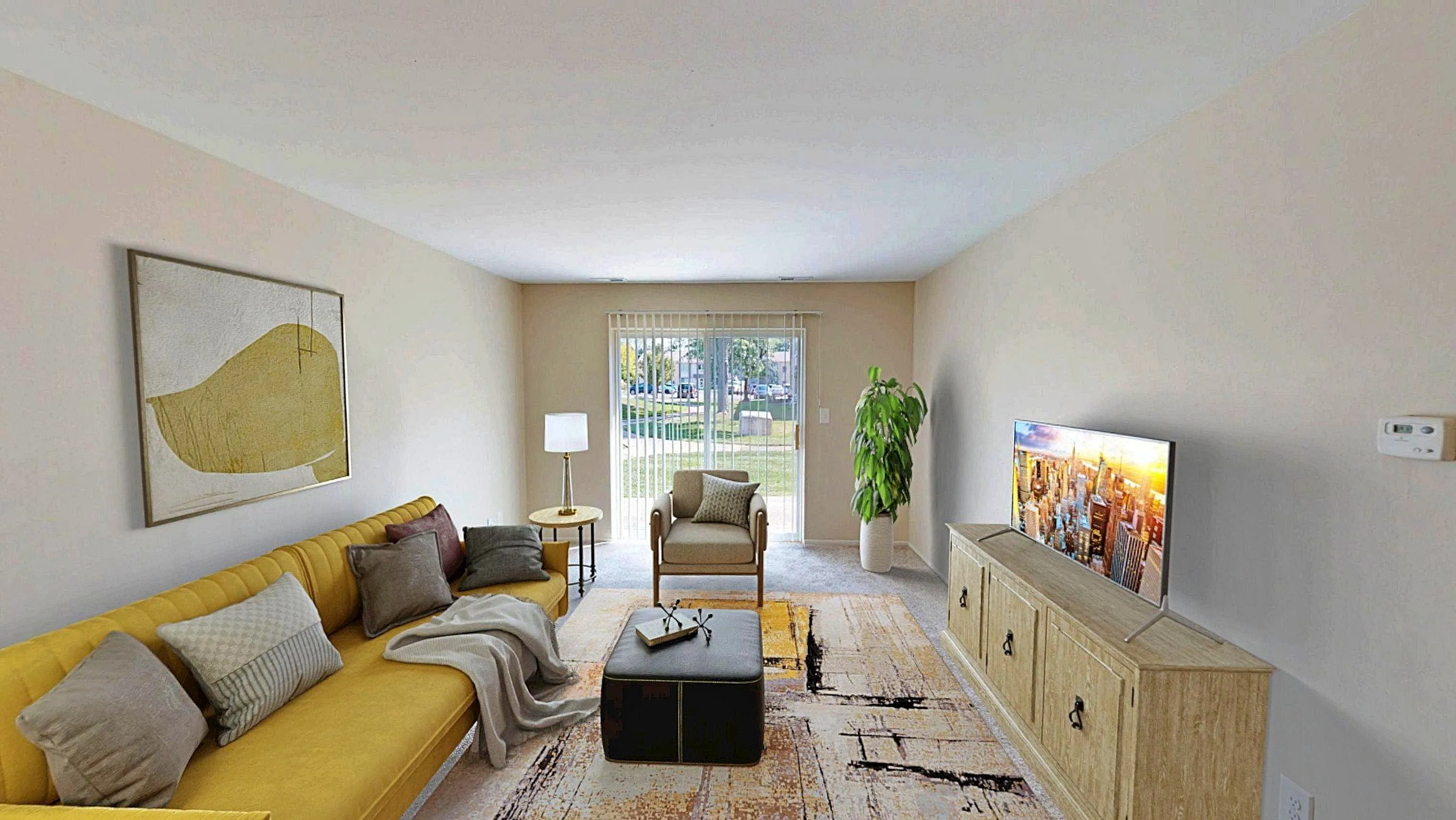 Bright, contemporary living room with a cozy yellow sofa, modern décor, and large window offering scenic garden views.