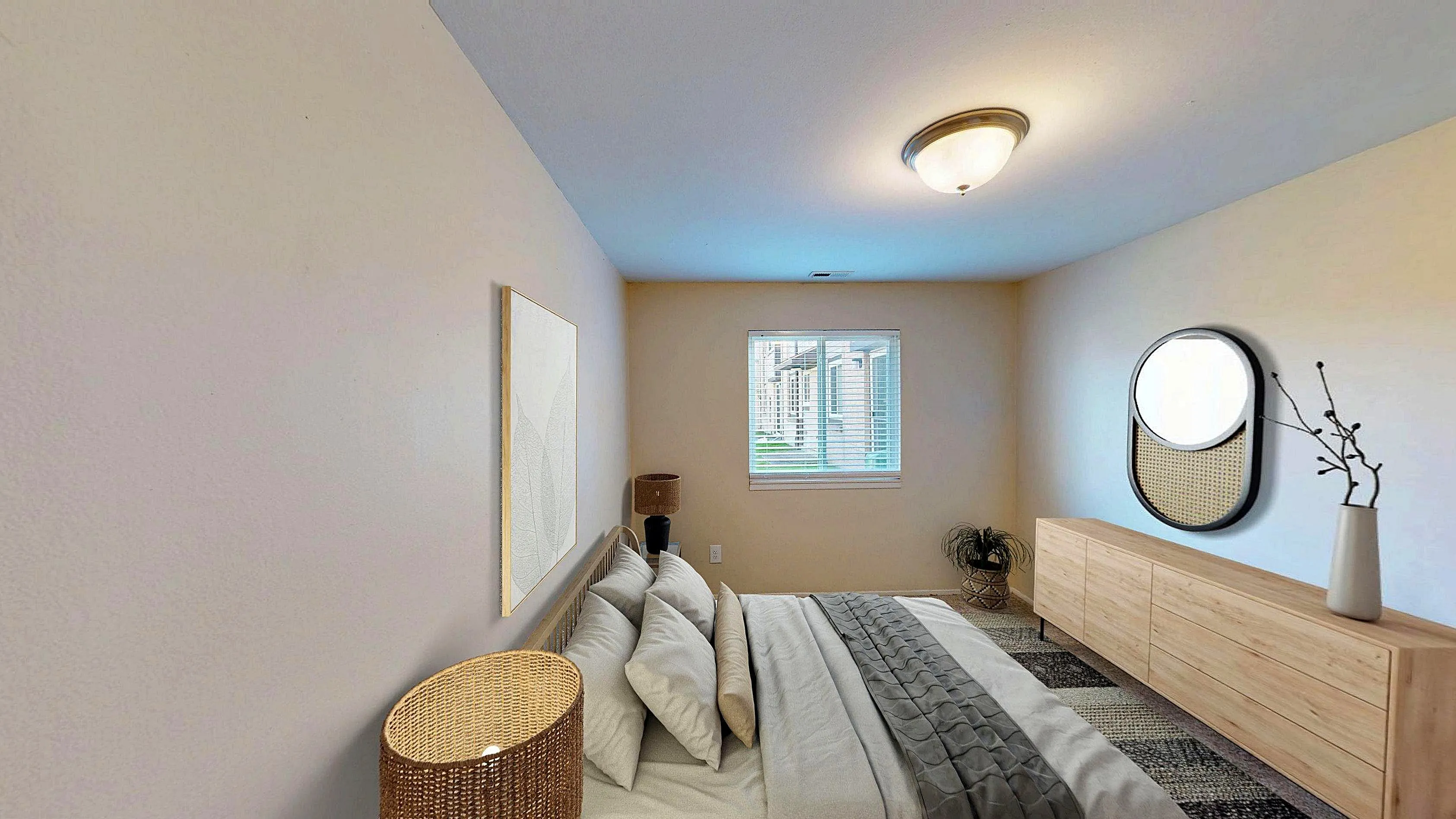 Cozy bedroom with soft lighting, modern decor, and a stylish window view creating a tranquil ambiance.
