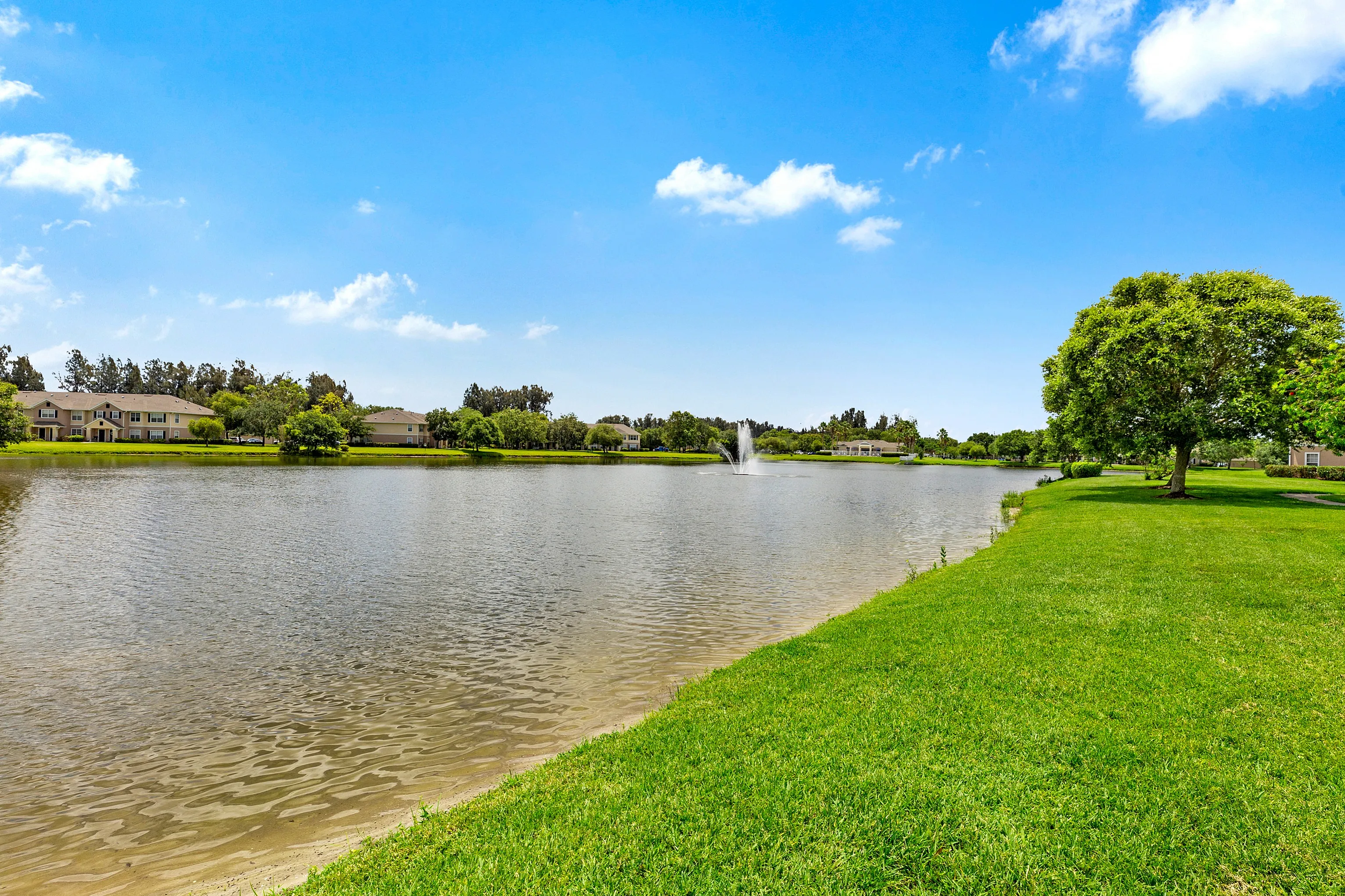Serene lake view with lush green grass, vibrant trees, and elegant homes under a bright blue sky.