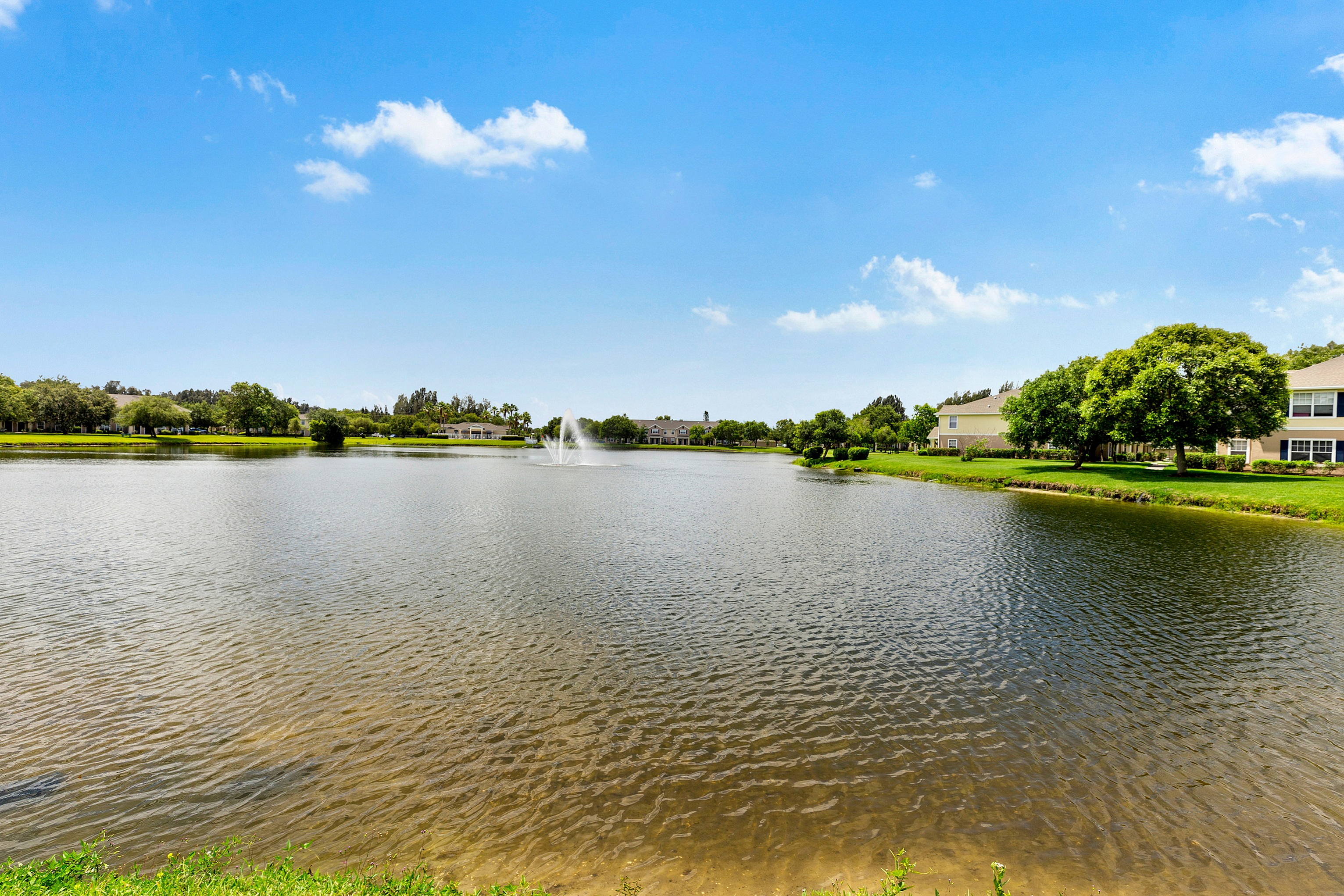 Serene lakeside view with a charming fountain, surrounded by lush greenery and elegant homes under a bright blue sky.