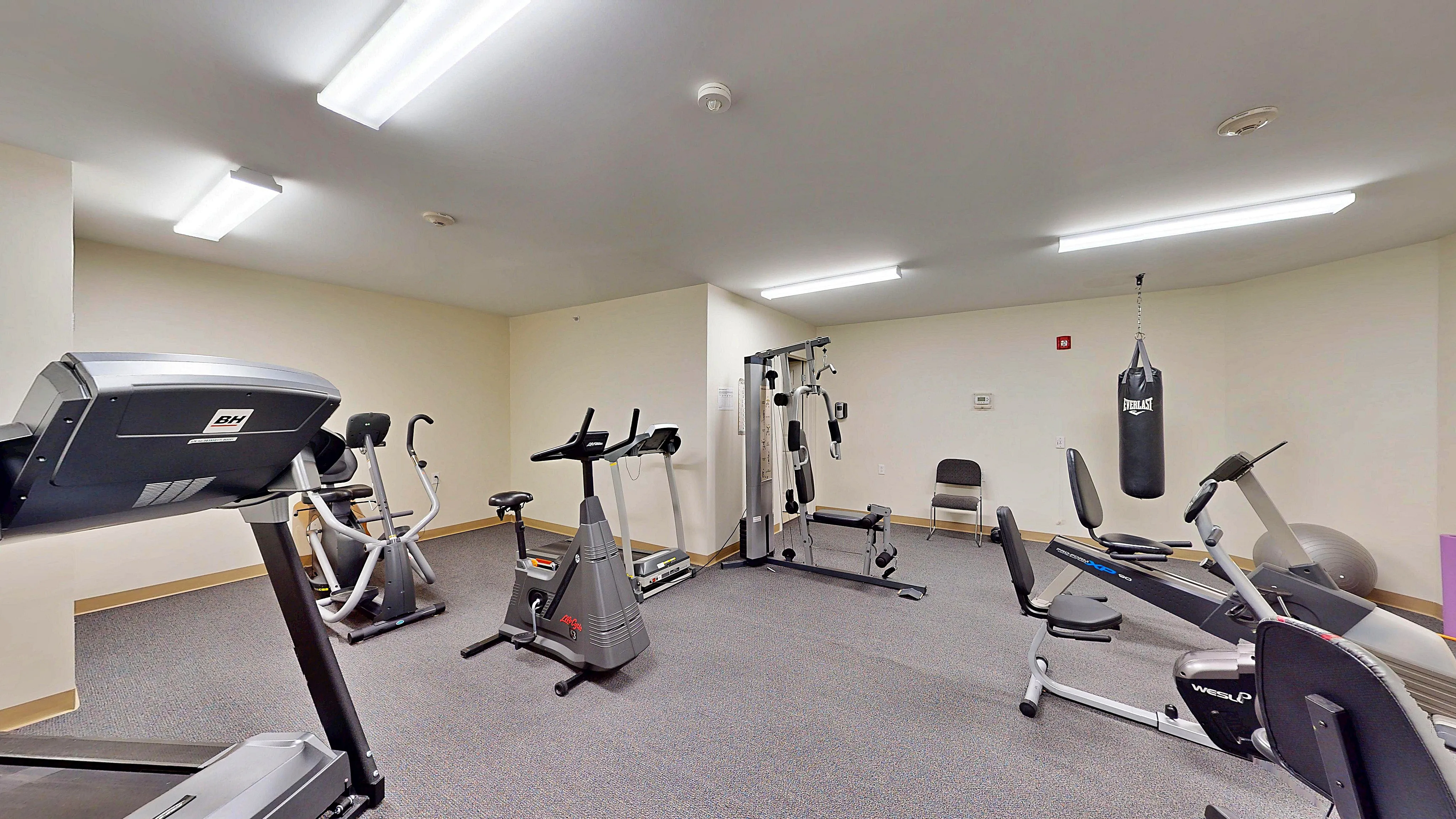 Modern fitness room equipped with treadmills, exercise bikes, and strength training machines, offering a perfect space for a healthy lifestyle.
