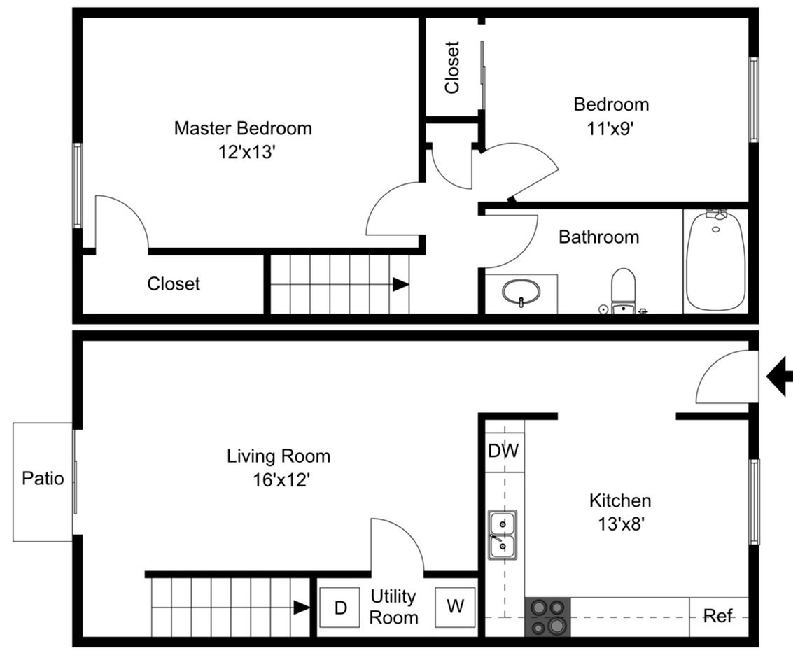 Two Bedroom, One Bath Townhome
