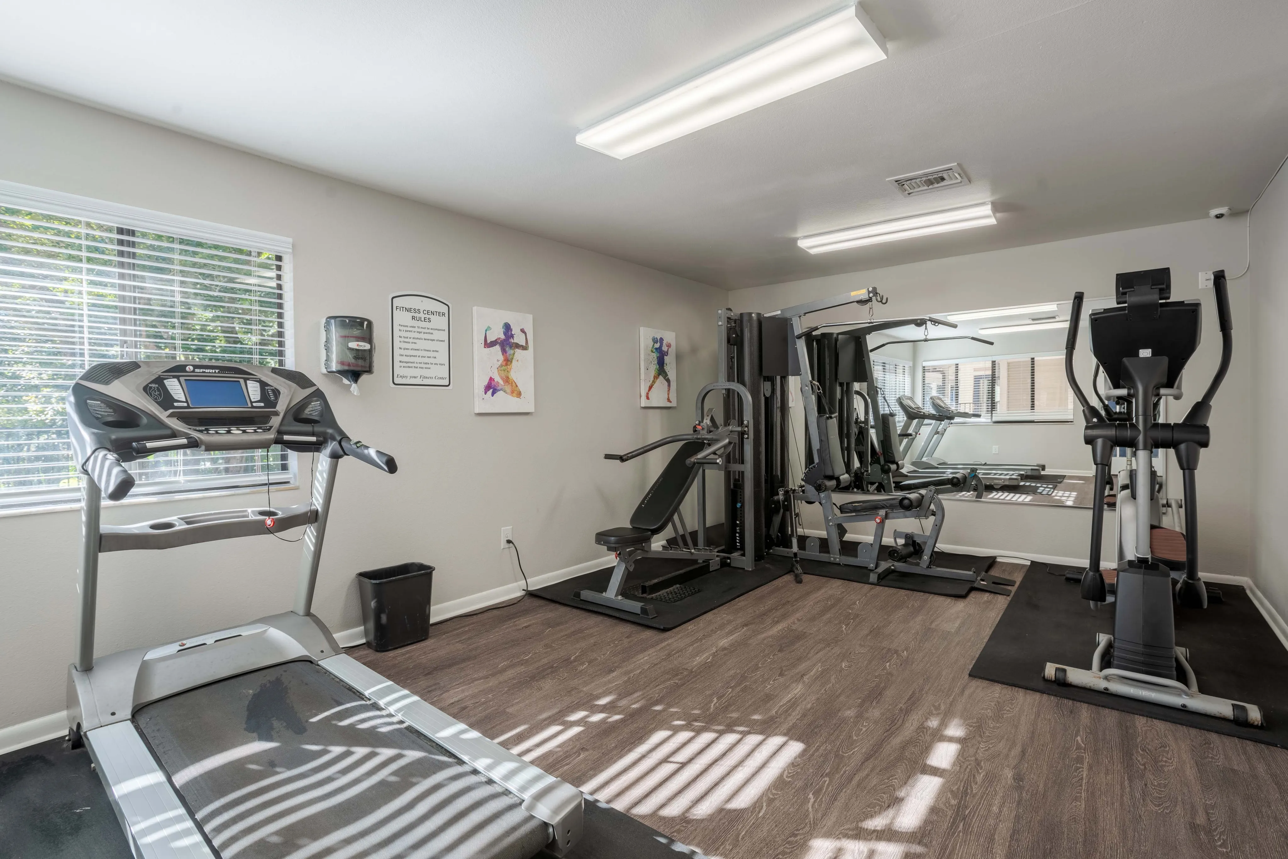 Well-equipped gym featuring a treadmill, weight machine, and an exercise bike in a bright room.