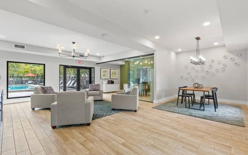 leasing office, chairs, table, windows
