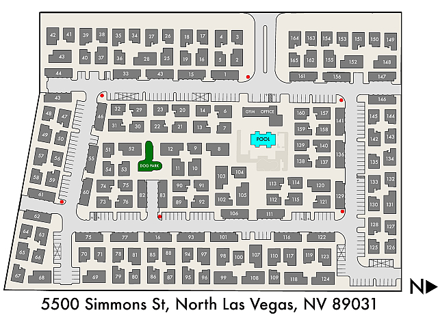 Inviting community layout at 5500 Simmons St, North Las Vegas, featuring a centralized pool, dog park, and ample parking for a vibrant living experience.