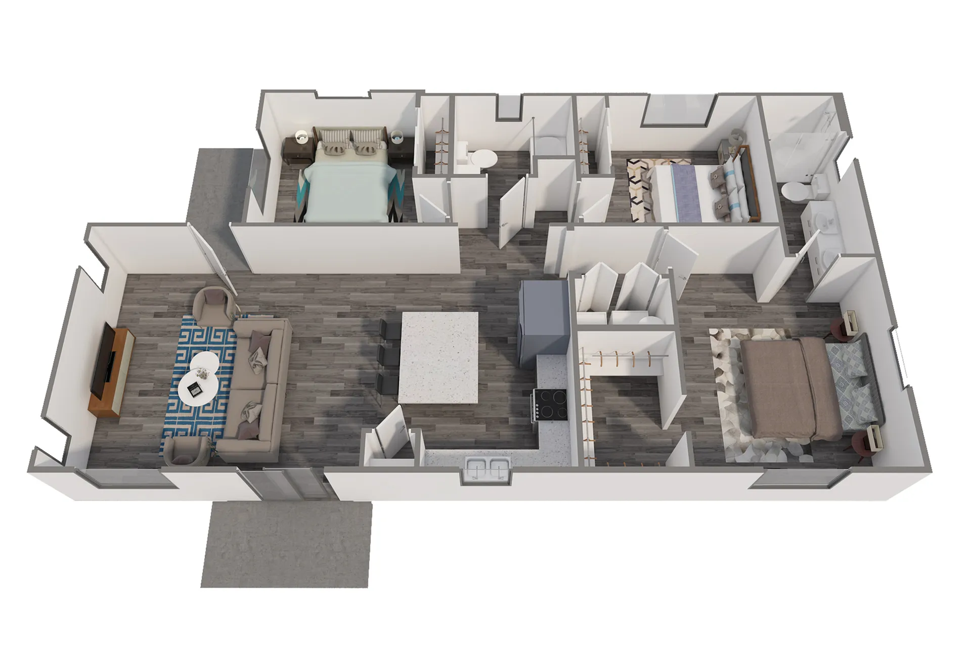 3D floor plan showing 3 bedrooms, open living and dining area, modern kitchen, and two bathrooms.