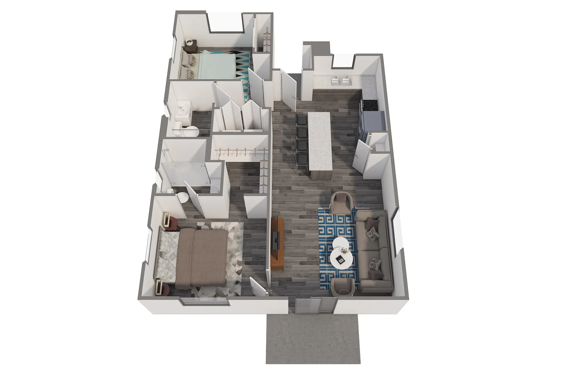 Modern 3D floor plan showcasing two bedrooms, a stylish kitchen with an island, and a cozy living area.