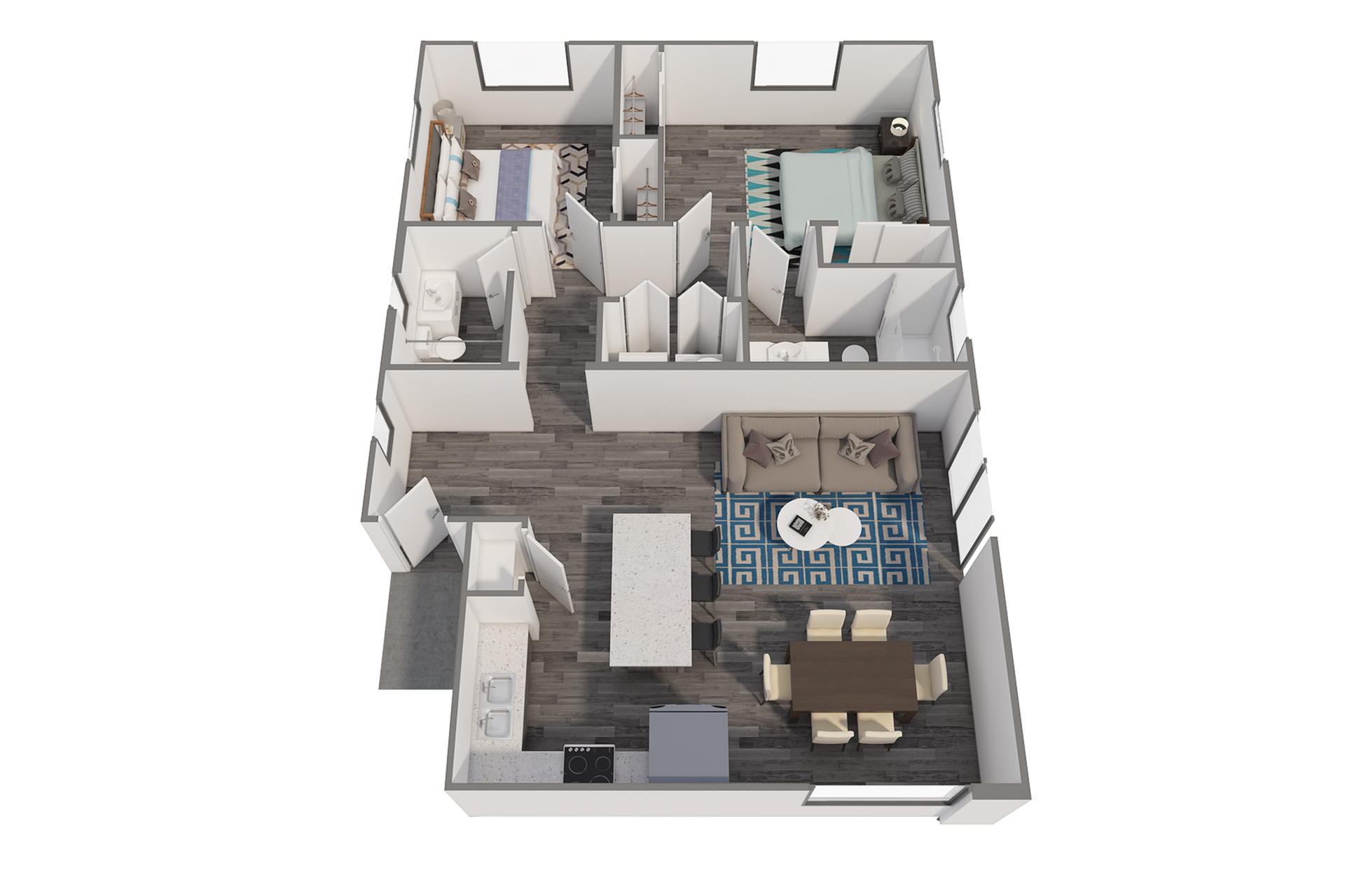 3D floor plan showcasing a chic open-concept living and dining area, two stylish bedrooms, and a modern kitchen.