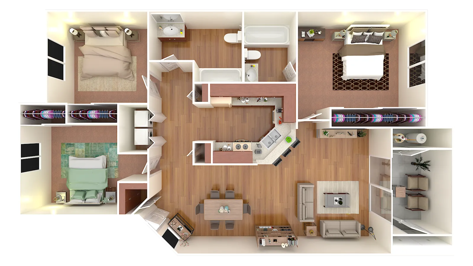 3D floor plan of a modern apartment featuring three bedrooms, a large kitchen, and a spacious living area.