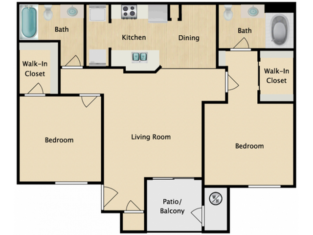 Inviting floor plan showcasing 2 bedrooms with walk-in closets, a bright living room, modern kitchen, dining area, and private patio.