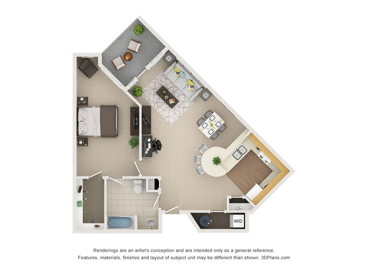 Modern 1-bedroom apartment floor plan featuring an open-concept living area, cozy balcony, and efficient kitchen layout.