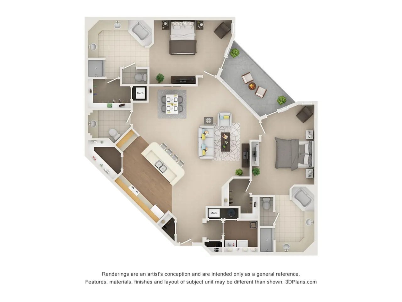 Modern 3-bedroom apartment floor plan featuring an open-concept living area, stylish kitchen with island, and two elegant bathrooms, complemented by a cozy patio space.