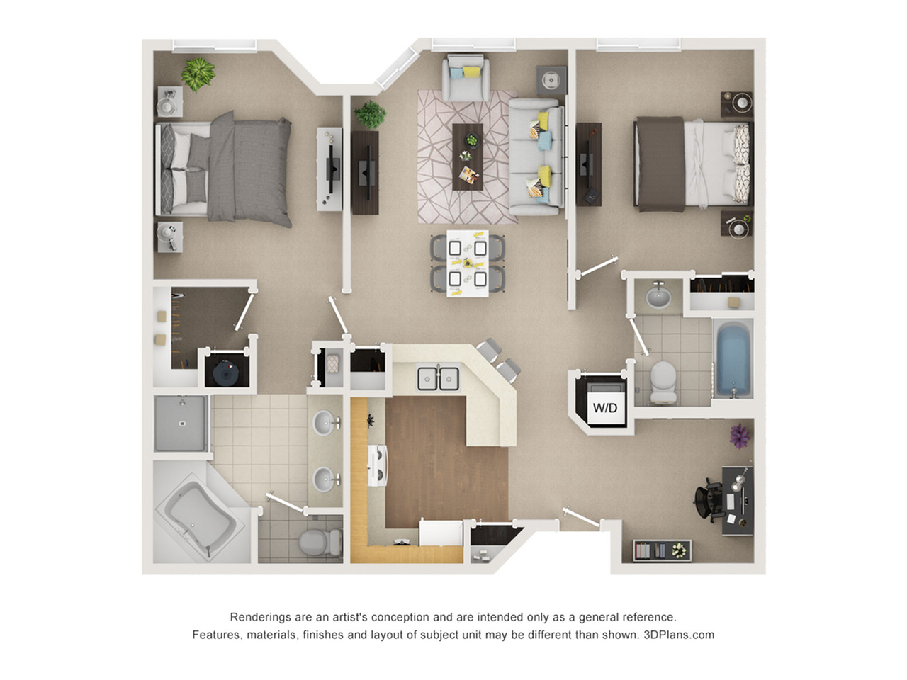 Elegant 3D floor plan showcasing two spacious bedrooms, a modern living room, and a sleek kitchen with island seating. Includes two bathrooms and a dedicated workspace area, offering comfort and functionality.