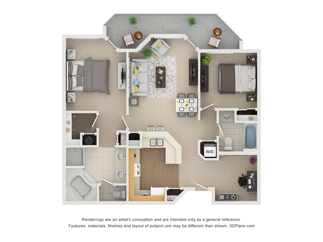 Contemporary floor plan with 2 bedrooms, stylish living room, modern kitchen, home office nook, and private balcony.