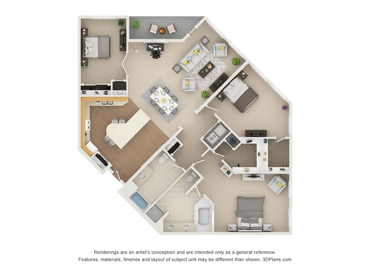 Elegant 3D floor plan featuring a spacious layout with 3 bedrooms, a modern open-concept living and dining area, a sleek kitchen with an island, and a cozy balcony space.