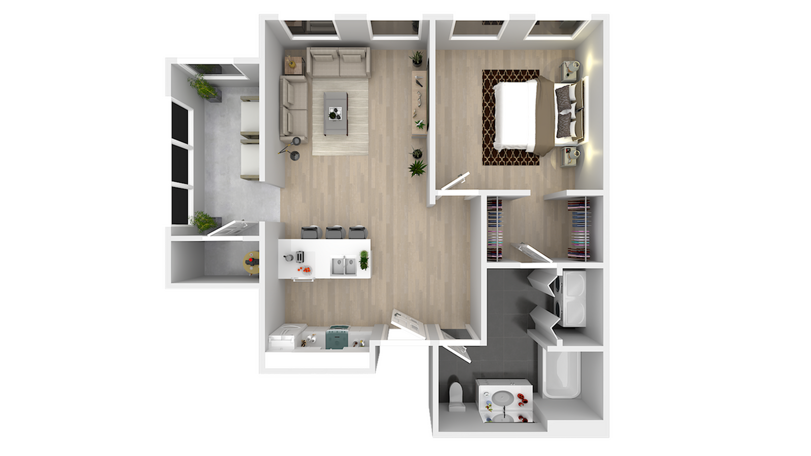 Modern 3D floor plan featuring a spacious bedroom, cozy living area, sleek kitchen with bar seating, and a stylish bathroom.