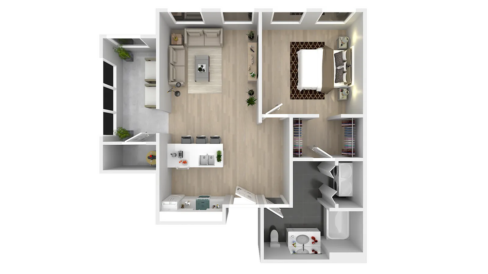 Modern 2D floor plan showcasing a cozy 1-bedroom apartment with an open-concept living room, stylish kitchen, and elegant bathroom.