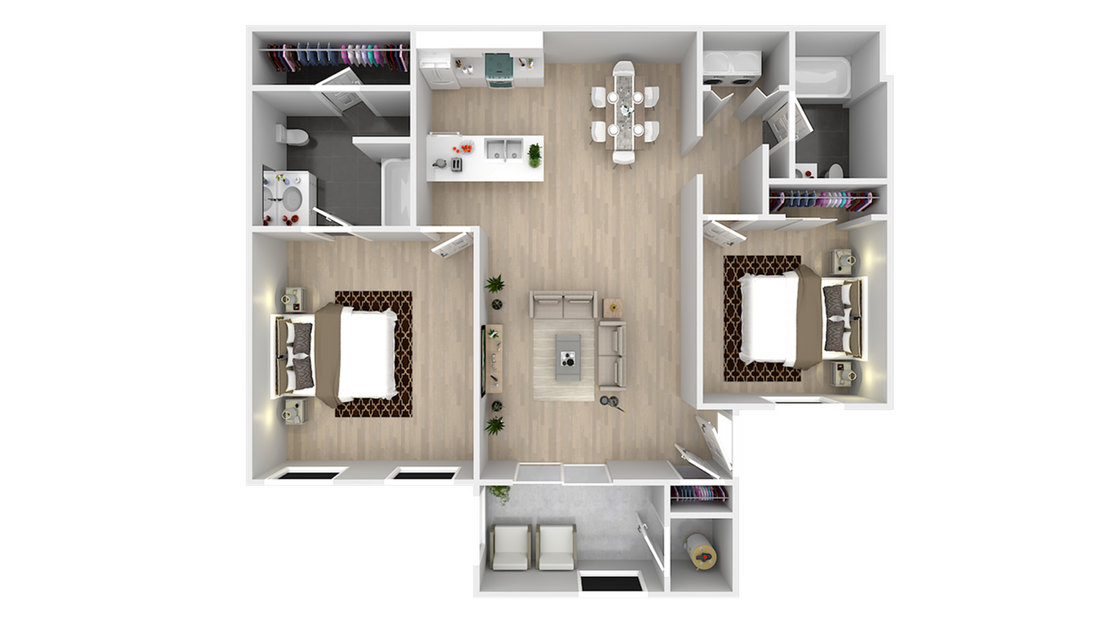 Modern 3D floor plan showcasing two spacious bedrooms, open-concept living and dining area, and sleek kitchen. Features include two bathrooms, ample closet space, and a cozy balcony.