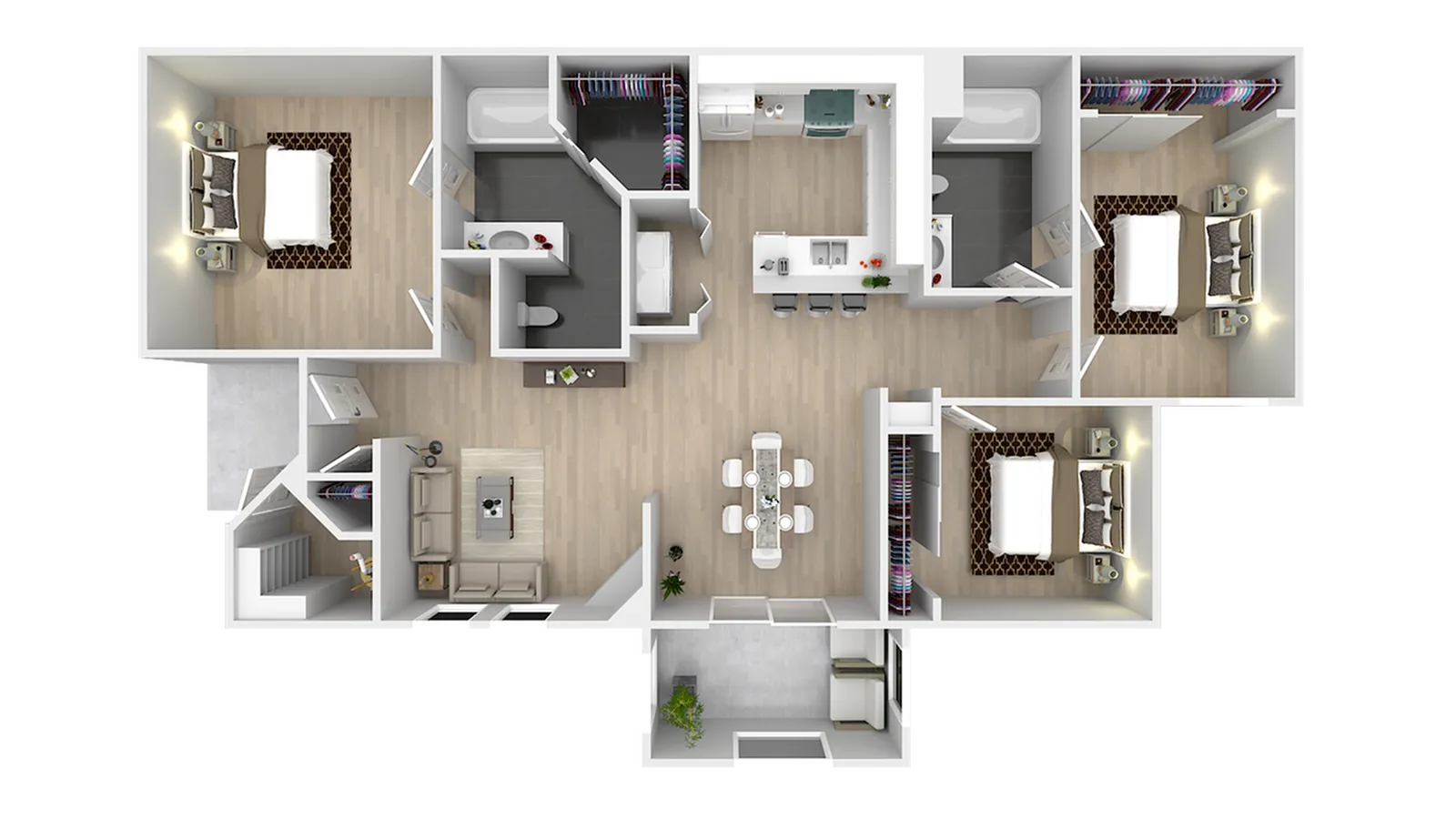 Elegant 3D floor plan showcasing 3 bedrooms, modern open-plan kitchen, stylish living room with natural light, and two bathrooms, ideal for spacious living.