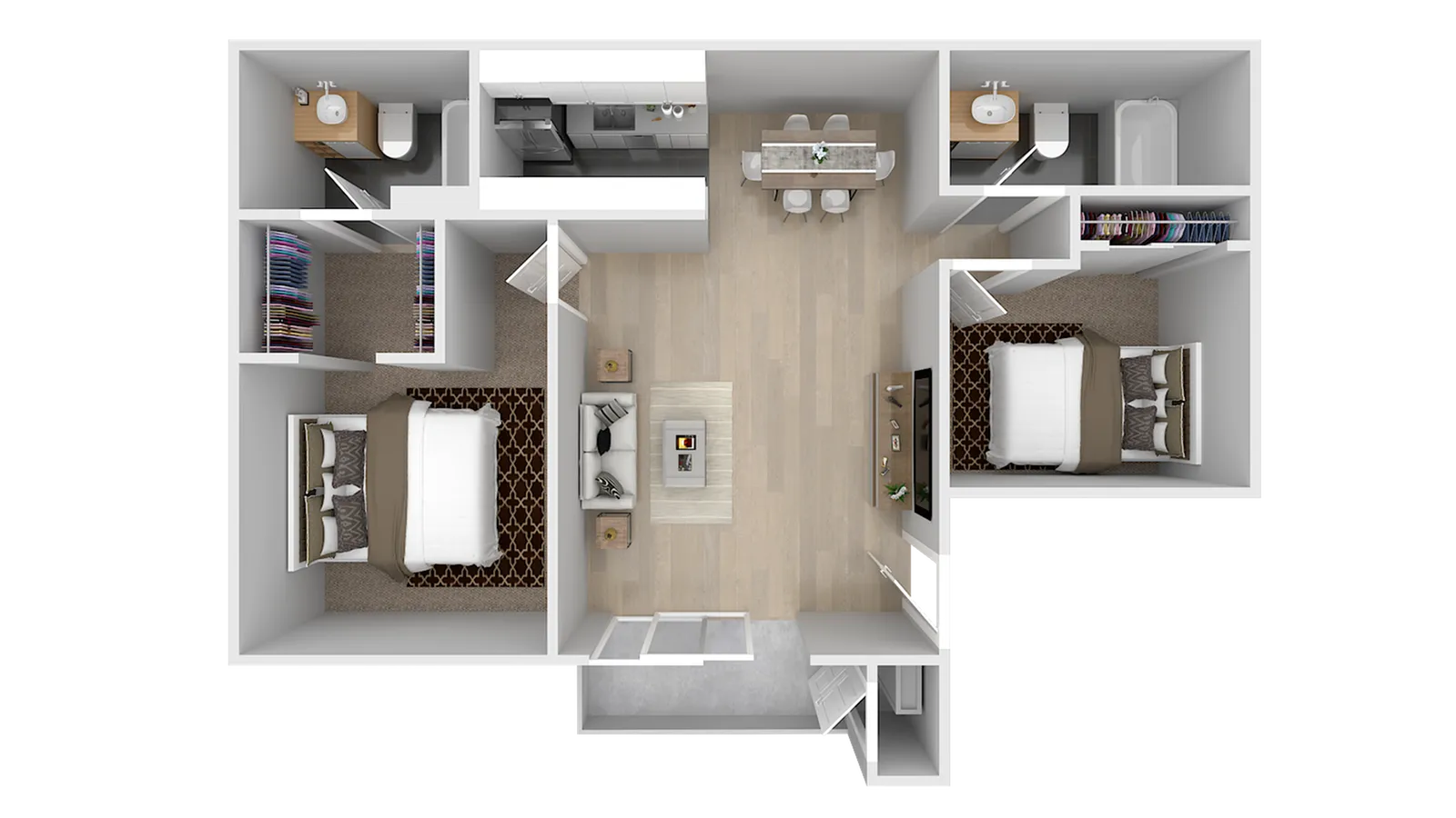 Contemporary 3D floor plan showcasing two cozy bedrooms, an open living space with a chic kitchen, and elegant bathrooms.