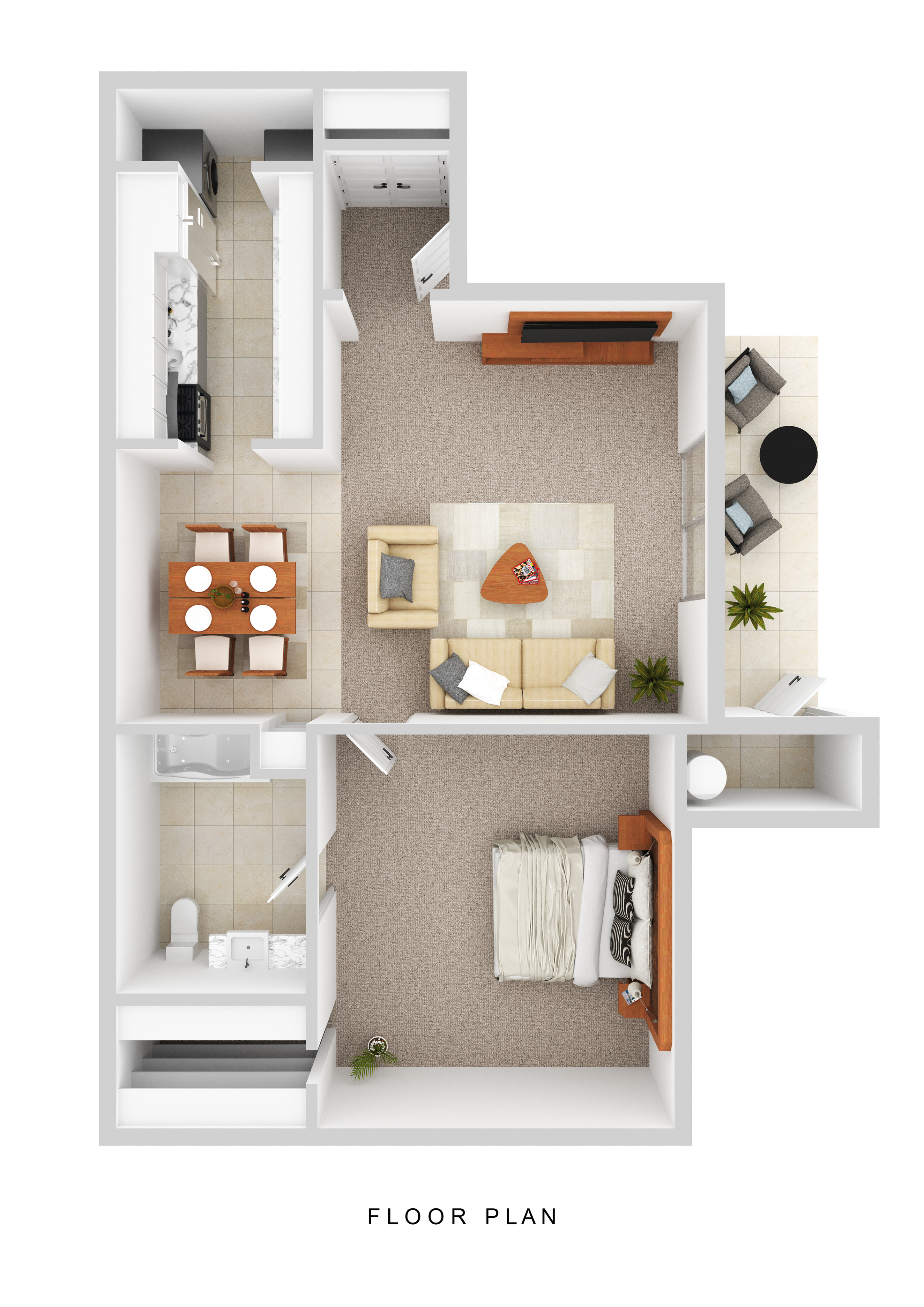 Modern 3D floor plan showcasing a cozy one-bedroom apartment with a stylish kitchen, inviting living area, and elegant dining space.