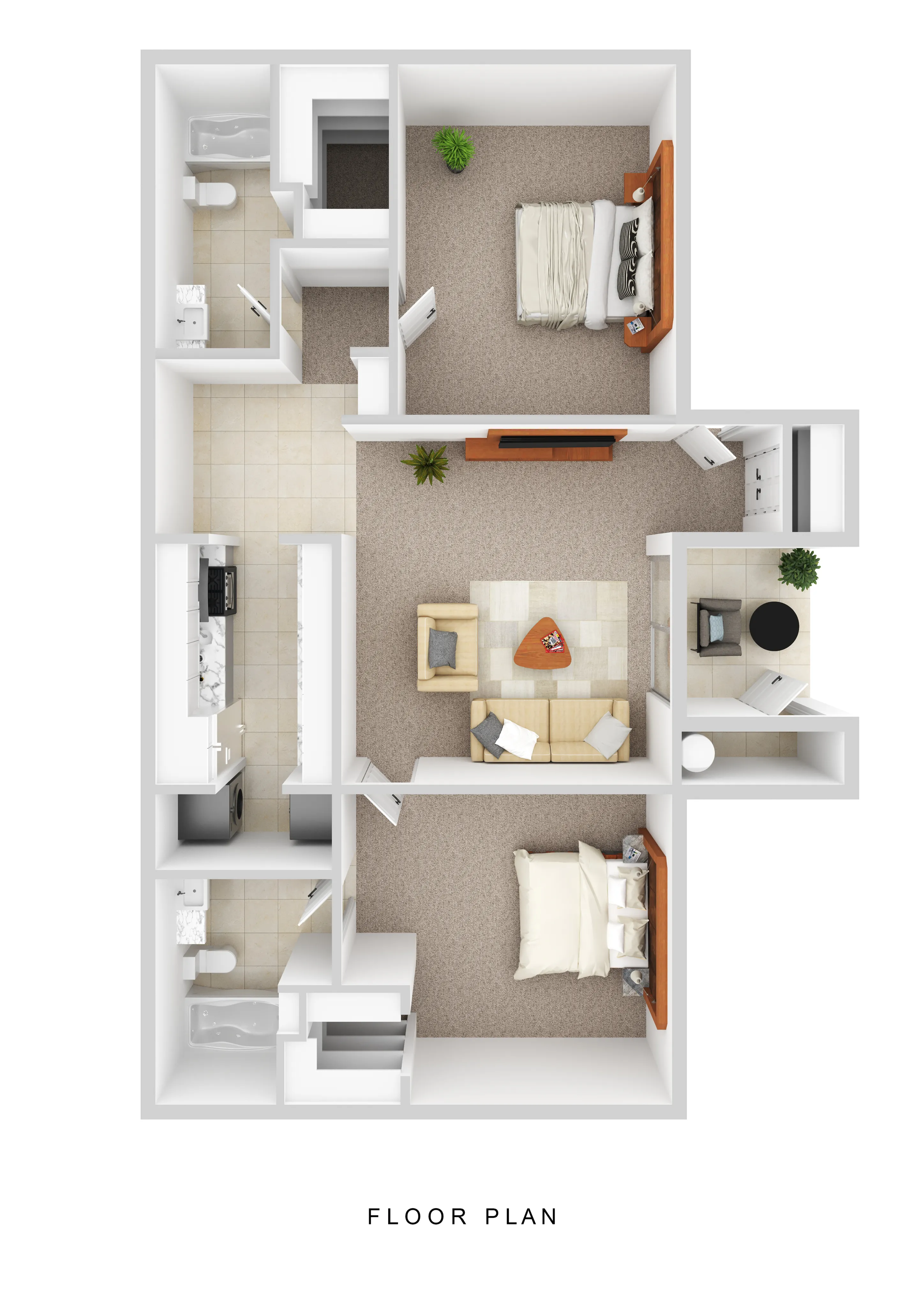 Modern 2-bedroom apartment floor plan featuring a cozy living area, sleek kitchen, and convenient workspace.