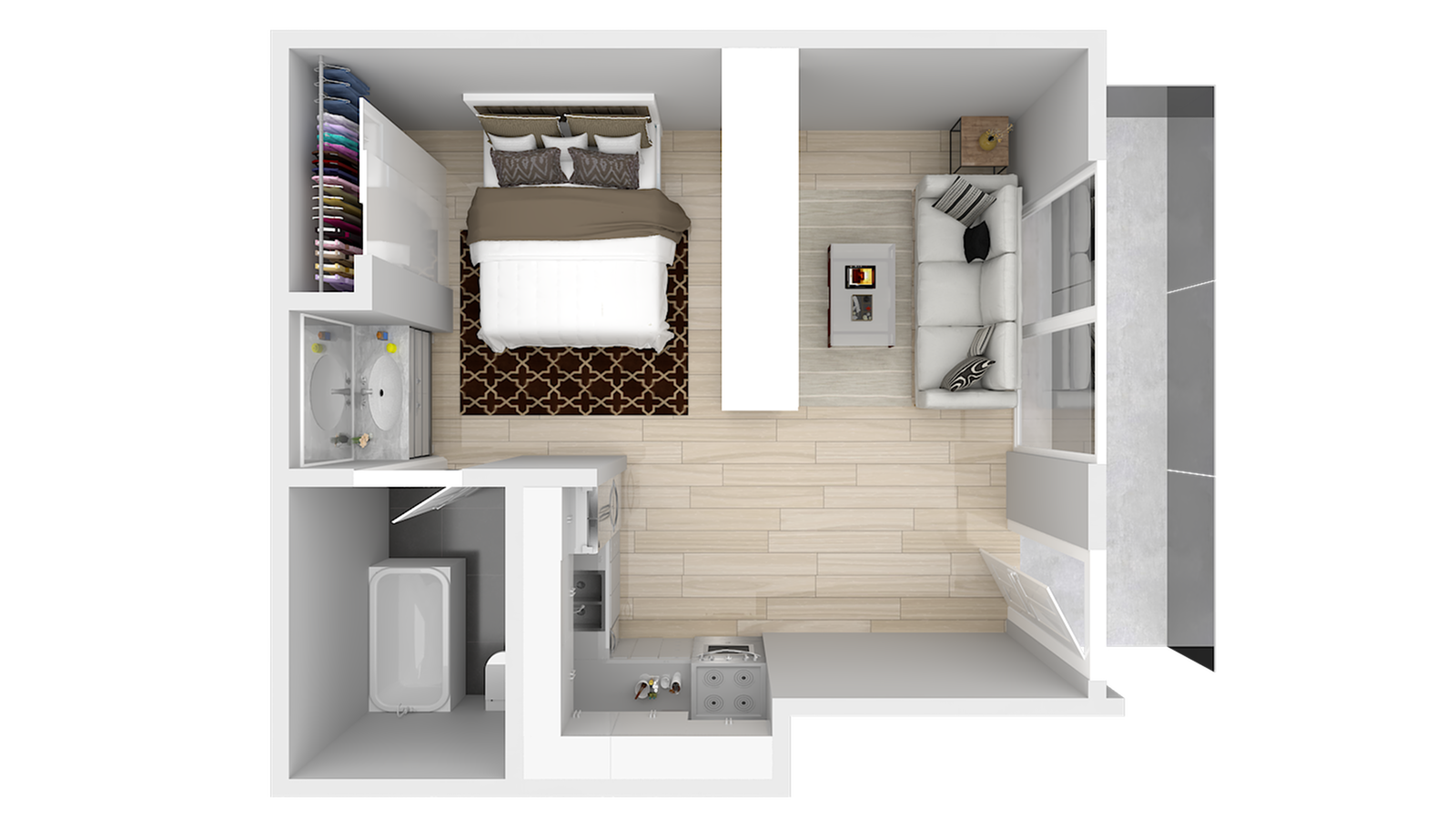 Modern and cozy studio apartment floor plan with an open-concept living area and a sleek kitchen.