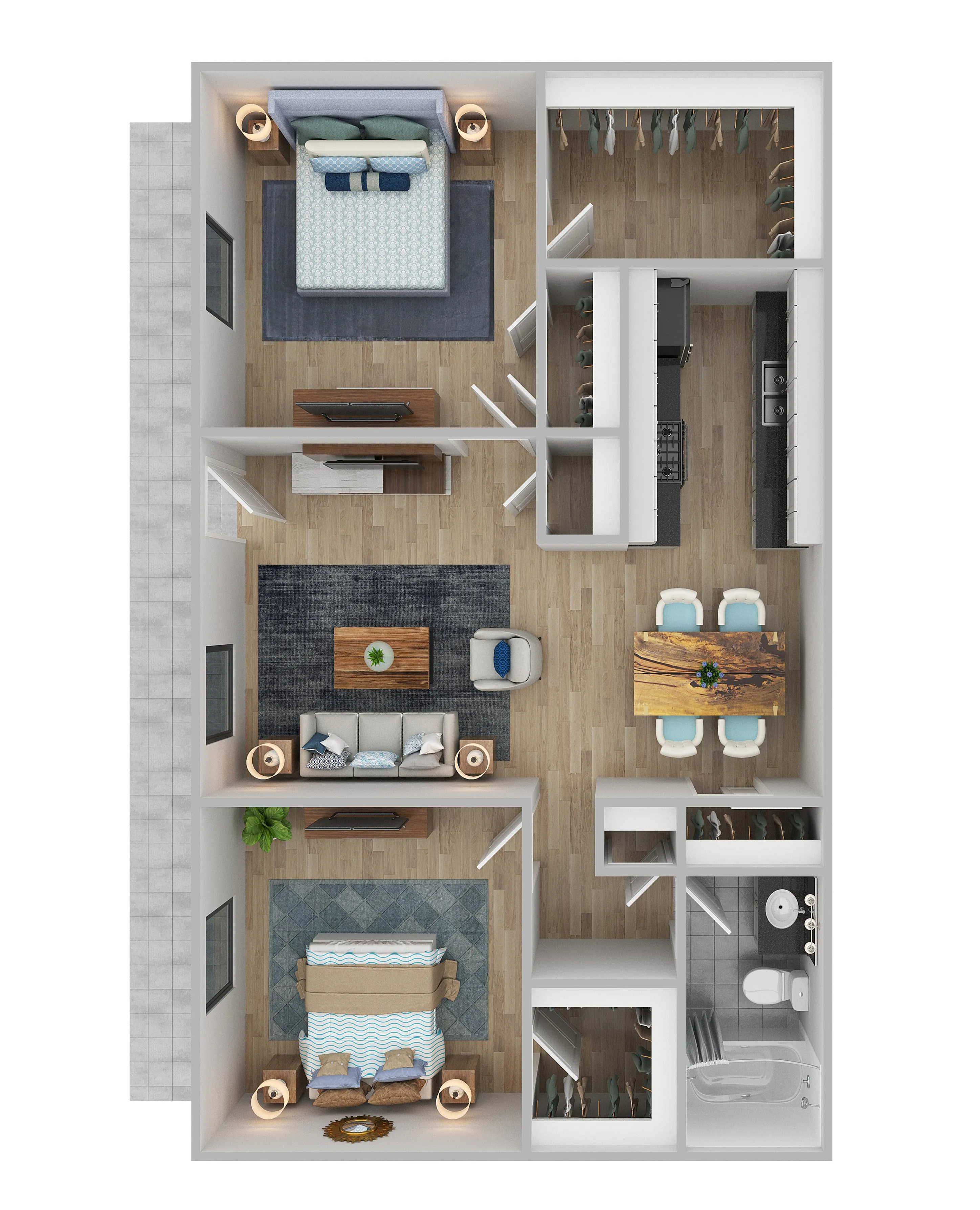 Elegant floor plan showcasing 2 bedrooms, cozy living area, modern kitchen, and spacious dining area, perfect for comfortable living.