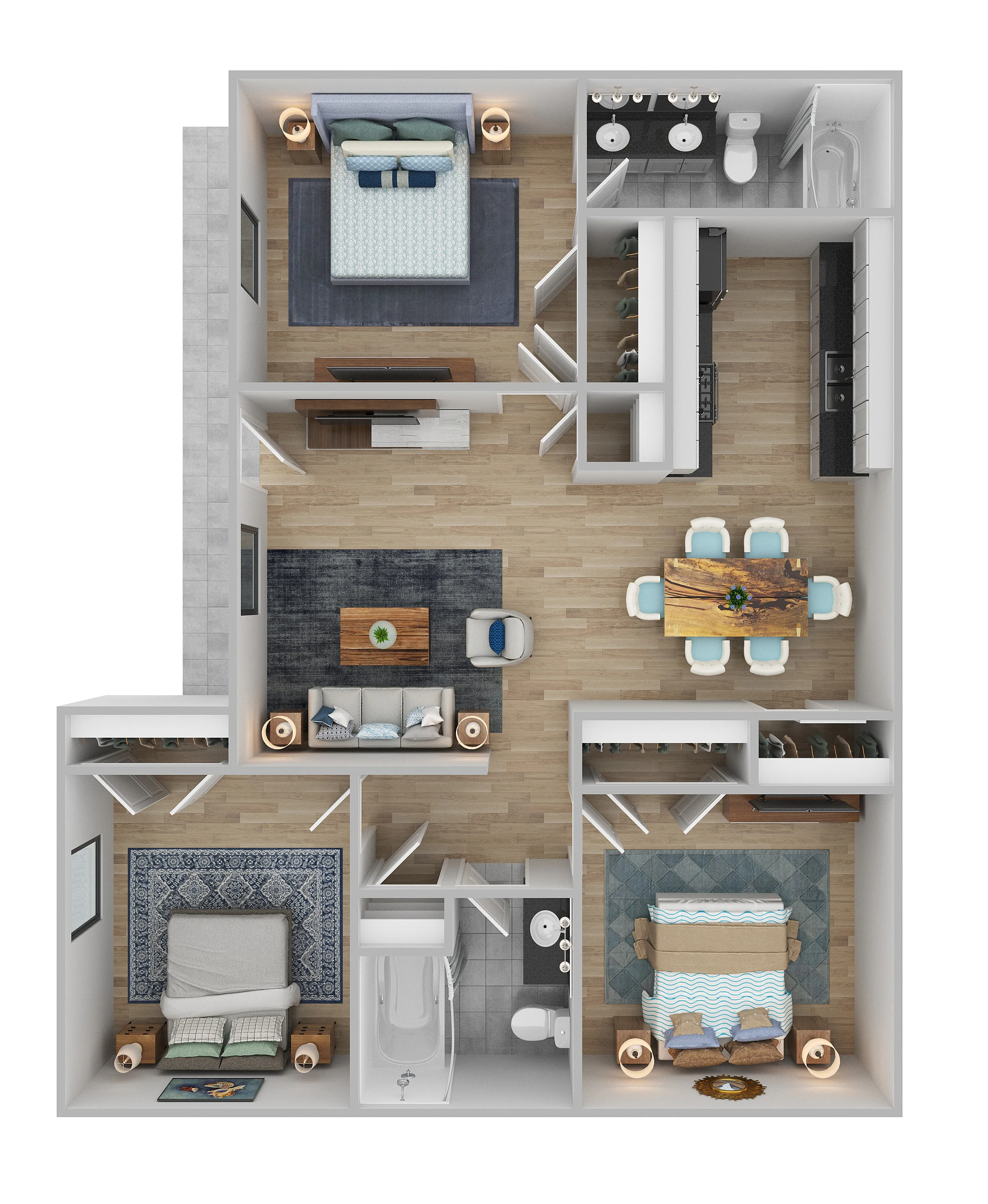 Modern 3D floor plan showcasing three spacious bedrooms, an elegant open living area, and a contemporary kitchen with a dining space.