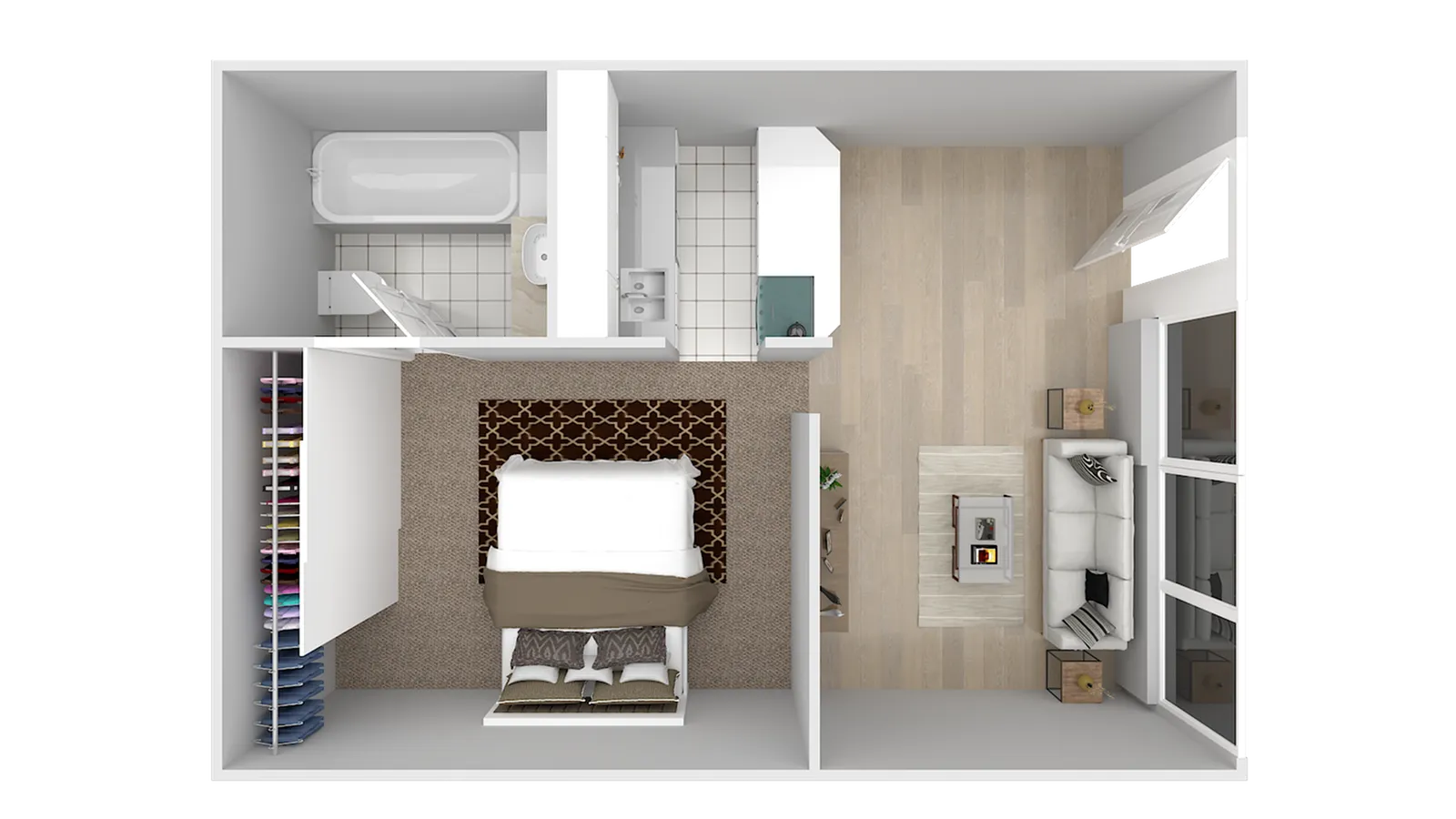Modern floor plan highlighting a cozy bedroom, spacious bathroom, and an inviting living area with natural light.