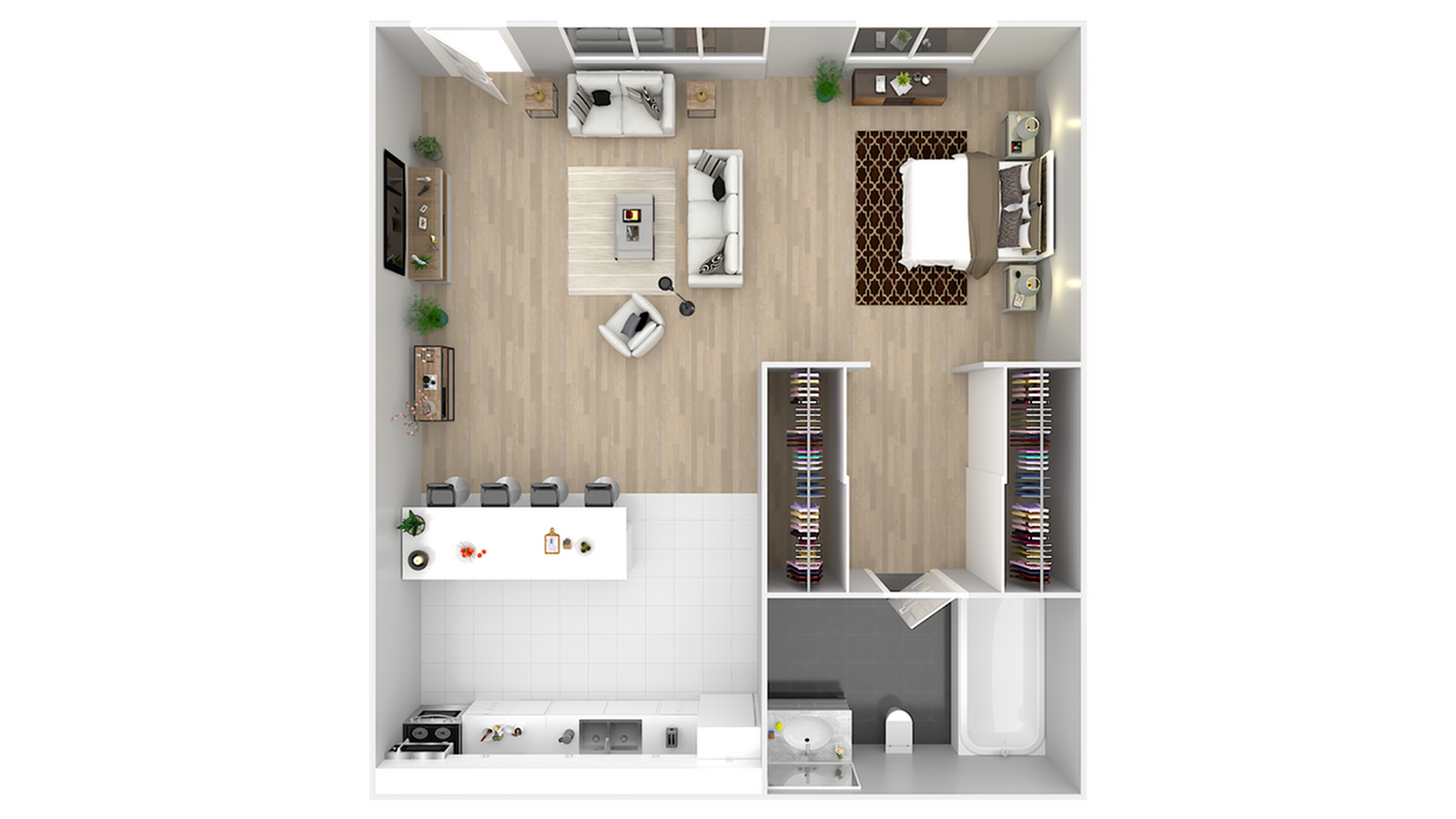 Elegant 2D floor plan with a spacious open living area, modern kitchen with island, cozy bedroom, and sleek bathroom.