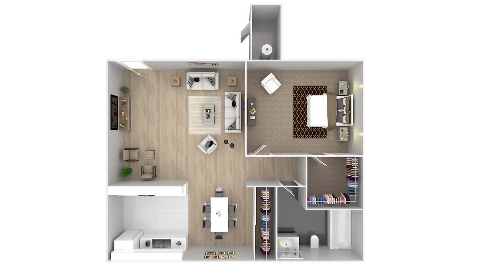 Modern 3D floor plan showcasing a stylish one-bedroom apartment with open living, dining area, and sleek kitchen layout.