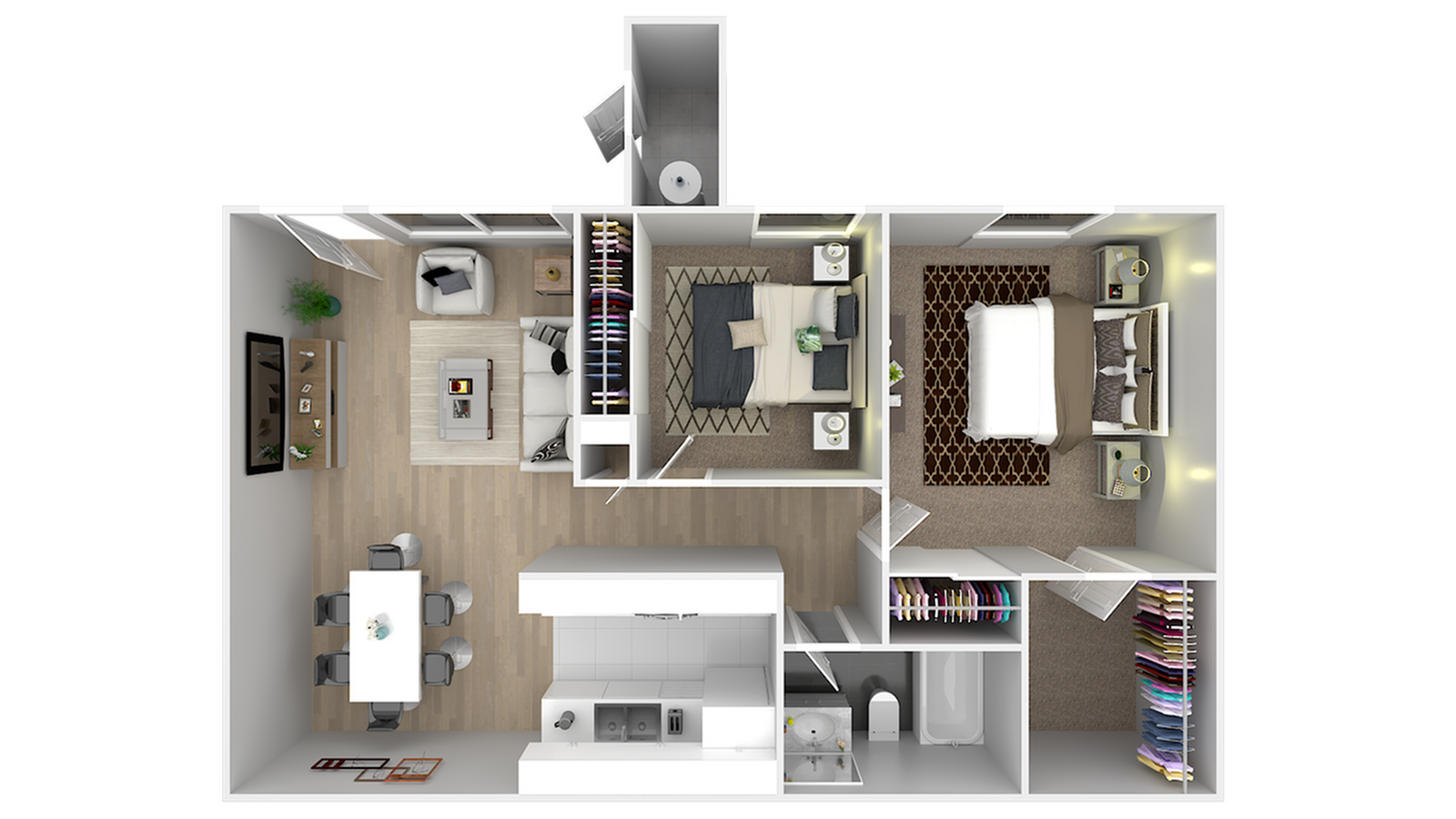 Modern 2D floor plan showcasing a two-bedroom apartment with an open-concept living room, sleek kitchen, and elegant dining area.