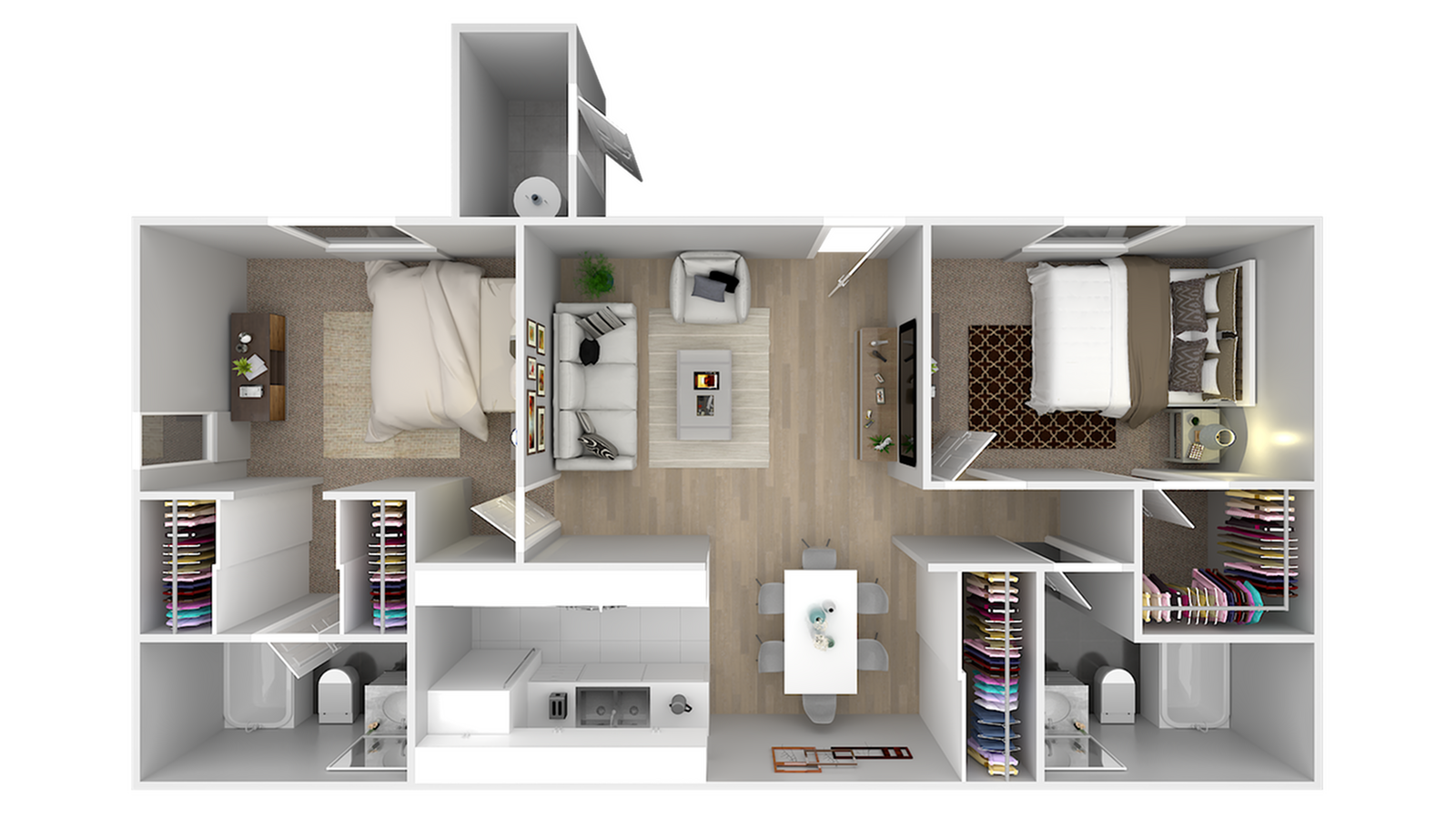 Modern 3D floor plan showcasing a stylish layout with 2 cozy bedrooms, a chic living room, and a sleek kitchen. Ideal for contemporary living.
