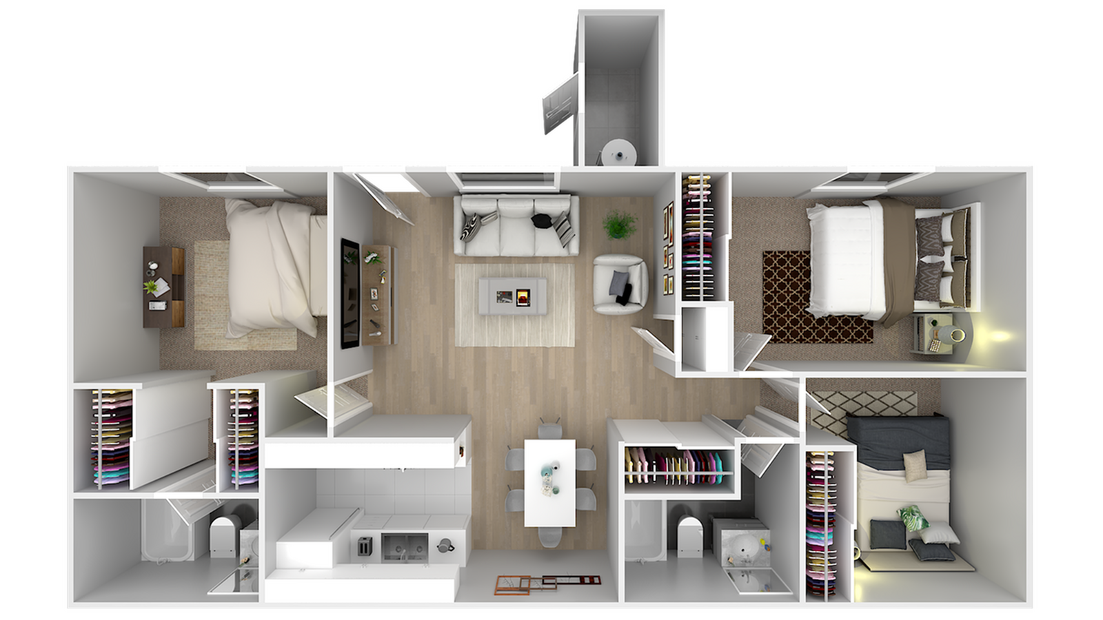 Modern 3D floor plan showcasing a stylish open-concept living space, including three bedrooms, a cozy living area, and a bright kitchen.