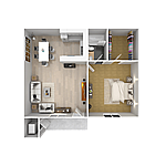 Charming 1-bedroom apartment floor plan showcasing a modern open-concept living area with a cozy dining space and well-appointed kitchen.