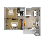 Modern 2D floor plan showcasing a cozy 1-bedroom layout with an open kitchen, stylish living area, and elegant bathroom.