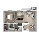 Inviting 2D floor plan illustrating two bedrooms, a modern living area, sleek kitchen, and dining space with a cozy atmosphere.