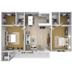 Elegant 3D floor plan with two bedrooms, a modern kitchen, and an inviting open-concept living space.