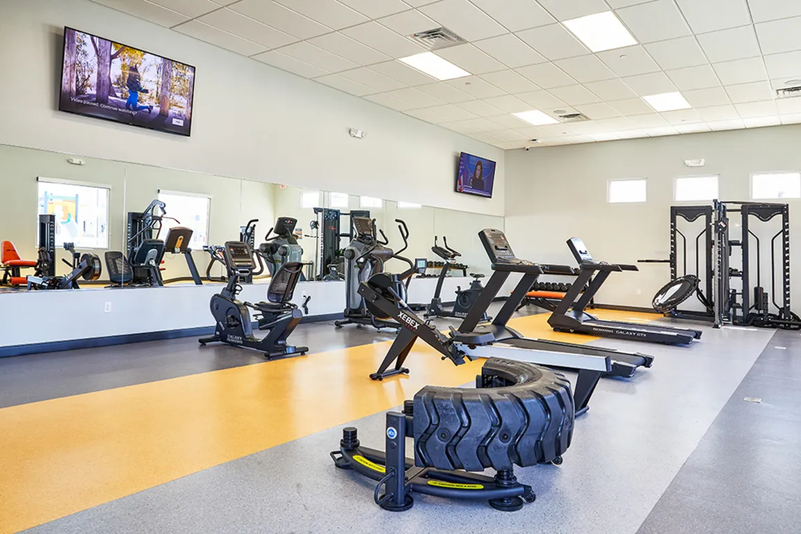 Modern gym facility with treadmills, exercise bikes, and multi-use equipment in a bright, spacious room.