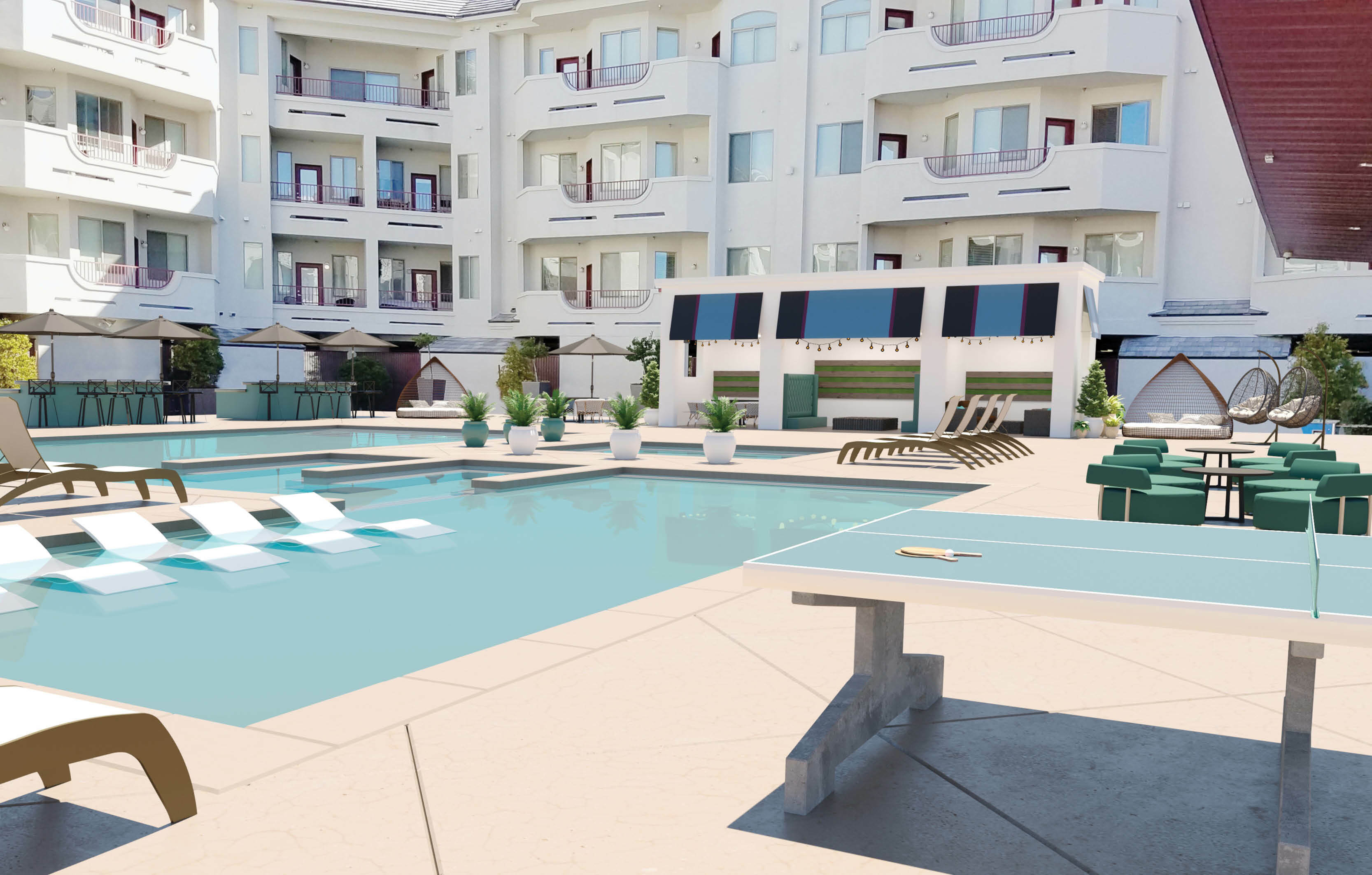 Luxurious apartment complex courtyard featuring a sparkling pool, stylish lounge chairs, outdoor seating, and ping pong table surrounded by modern architecture.