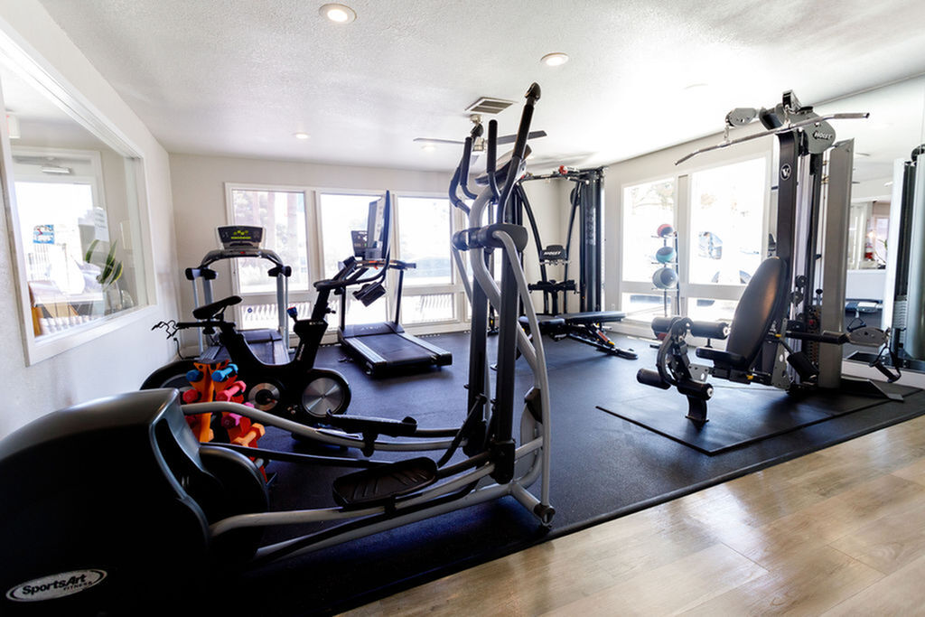 Modern fitness center with state-of-the-art gym equipment, including treadmills and weight machines, in a bright and spacious room.
